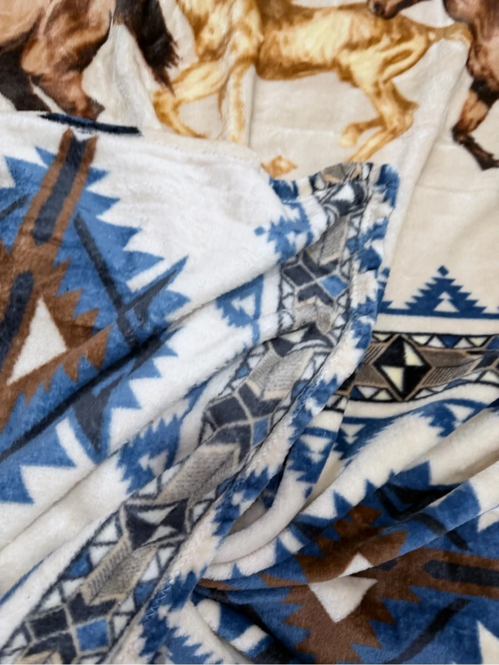 Queen Southwest tribal Aztec Horses Plush fleece Blanket - Turquoise & Brown